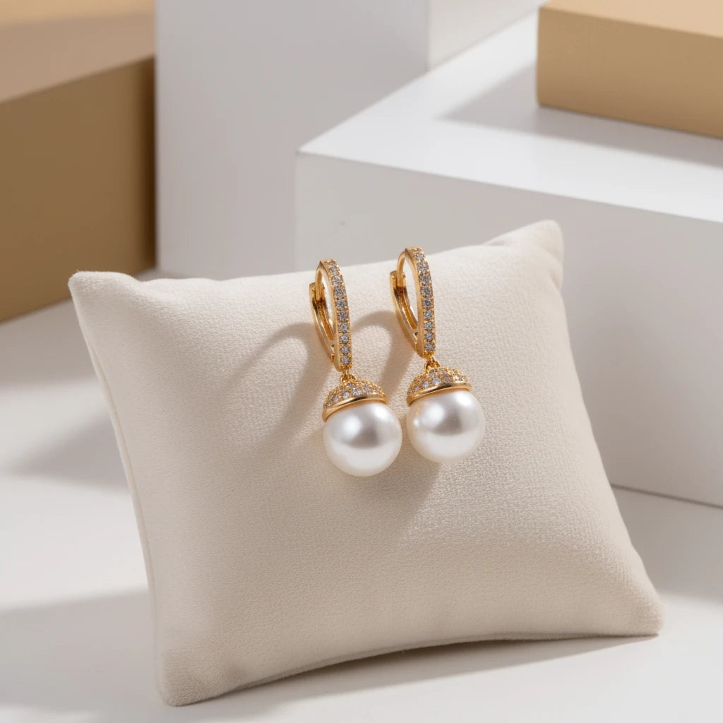 Pavé Hoop Earrings with Pearl Drop - 18K Gold Plated