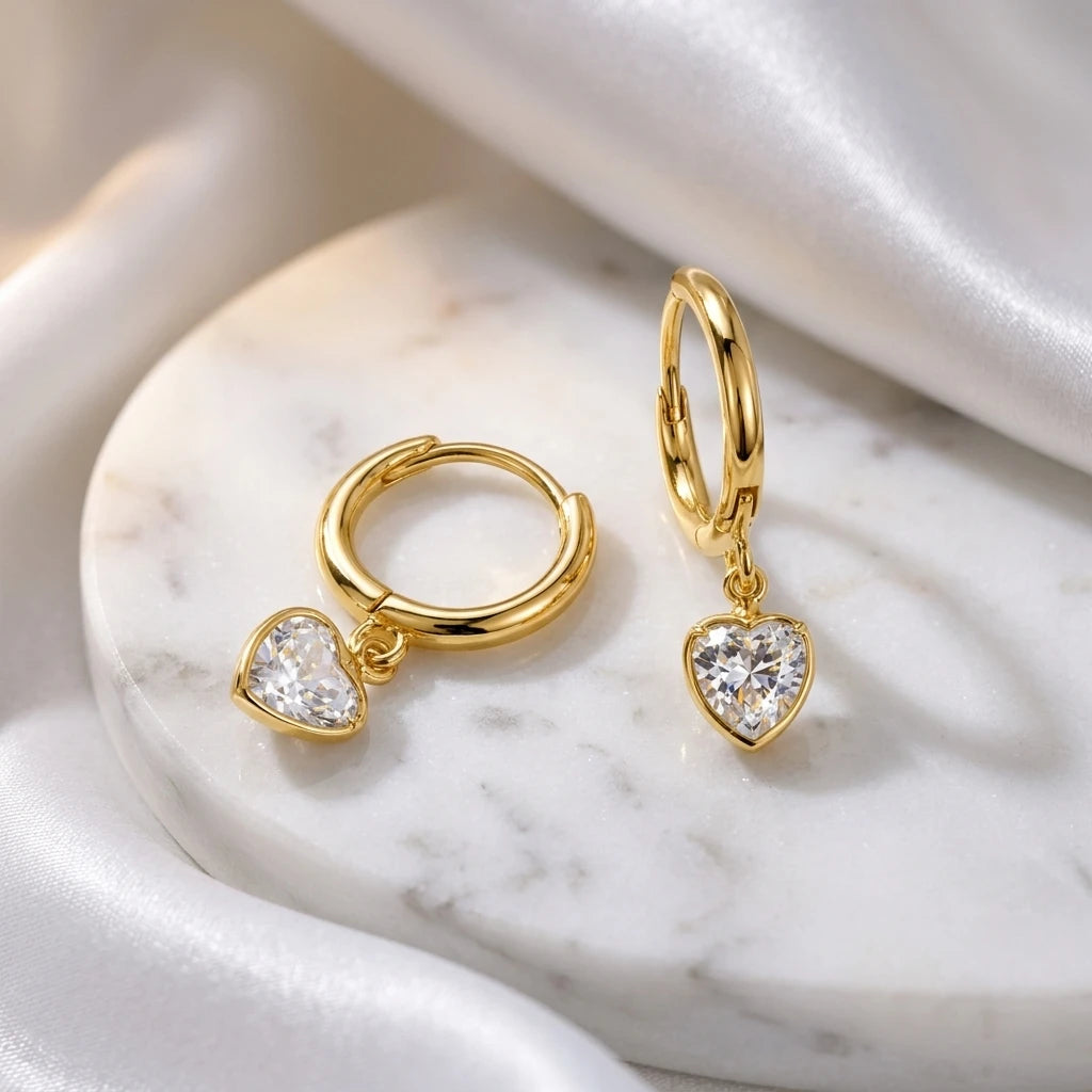 Hoops Dangling Studded Zirconia Heart Earrings - 18K Gold Plated