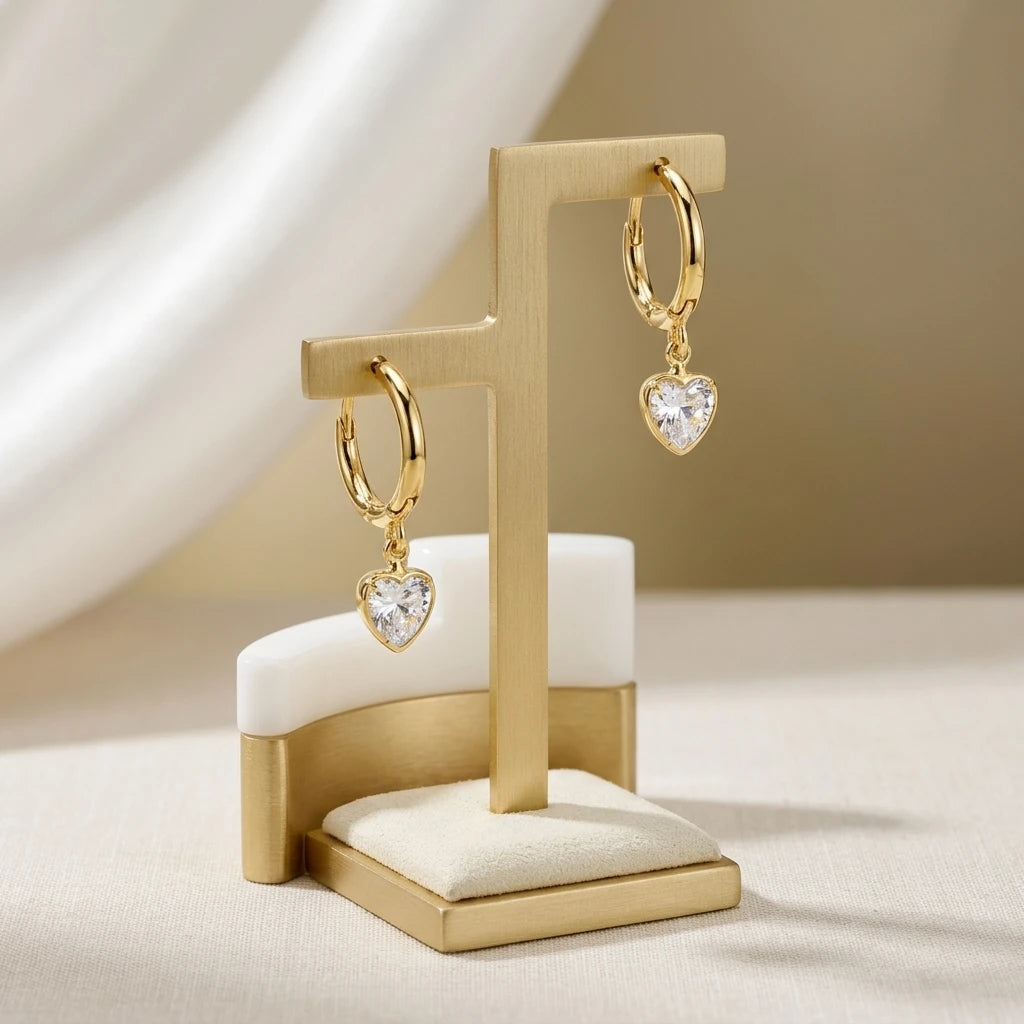 Hoops Dangling Studded Zirconia Heart Earrings - 18K Gold Plated