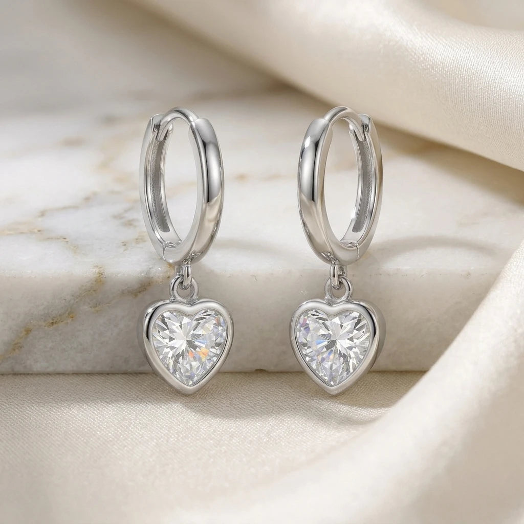 Hoops Dangling Studded Zirconia Heart Earrings - White Rhodium Plated