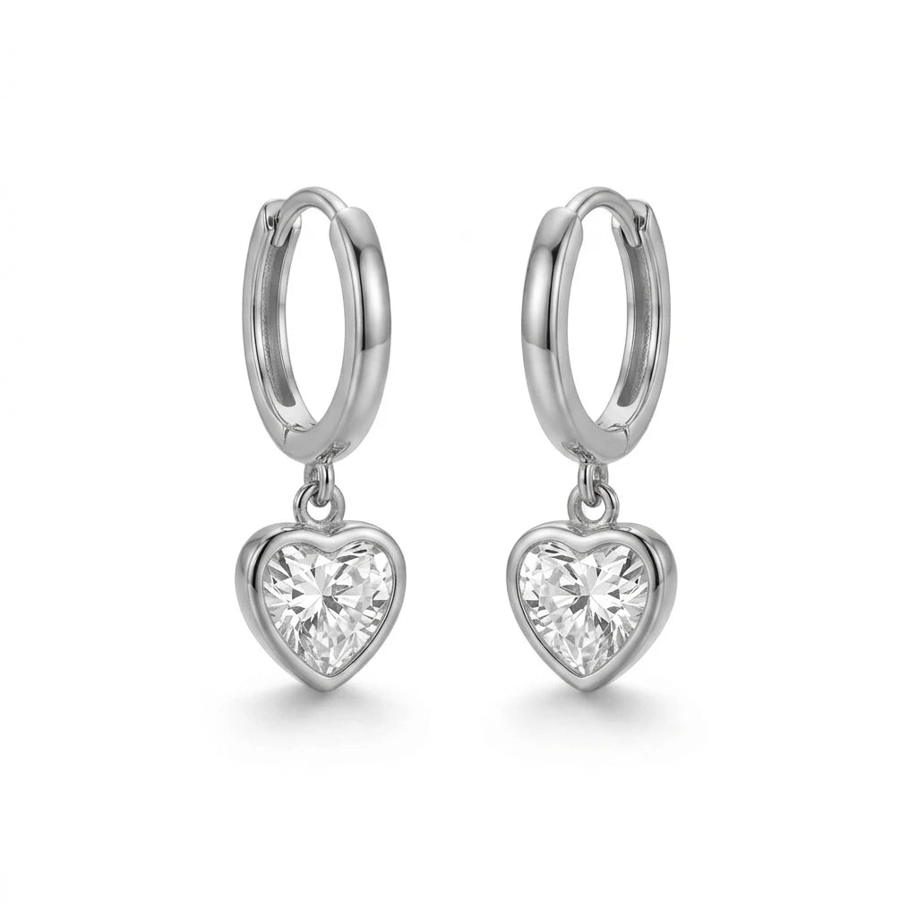 Hoops Dangling Studded Zirconia Heart Earrings - White Rhodium Plated
