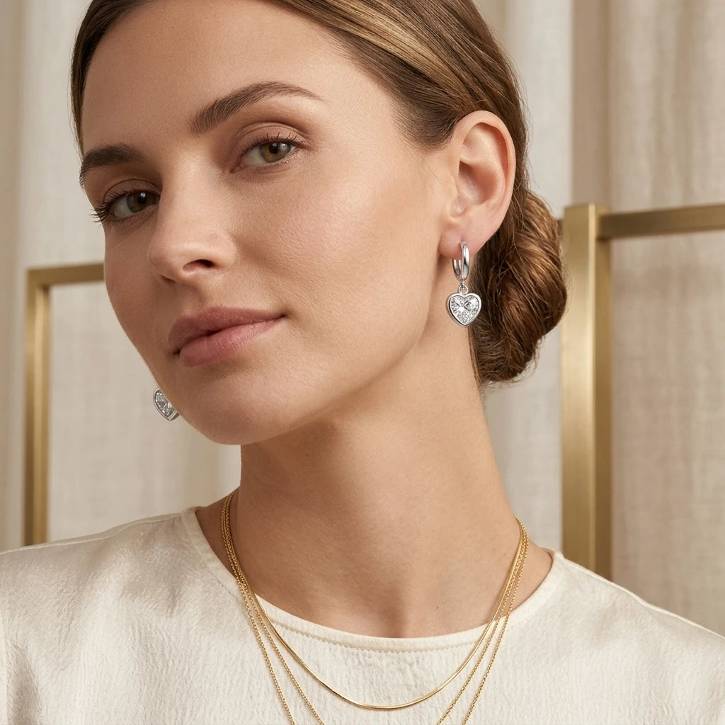 Hoops Dangling Studded Zirconia Heart Earrings - White Rhodium Plated