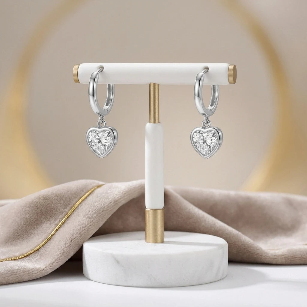 Hoops Dangling Studded Zirconia Heart Earrings - White Rhodium Plated
