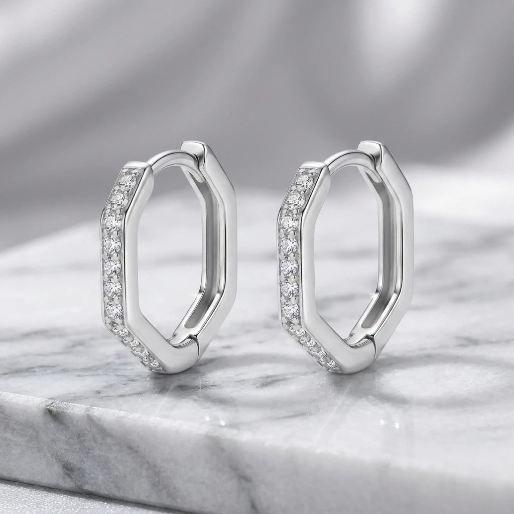 Hexagonal Click Hoops Earrings - White Rhodium Plated