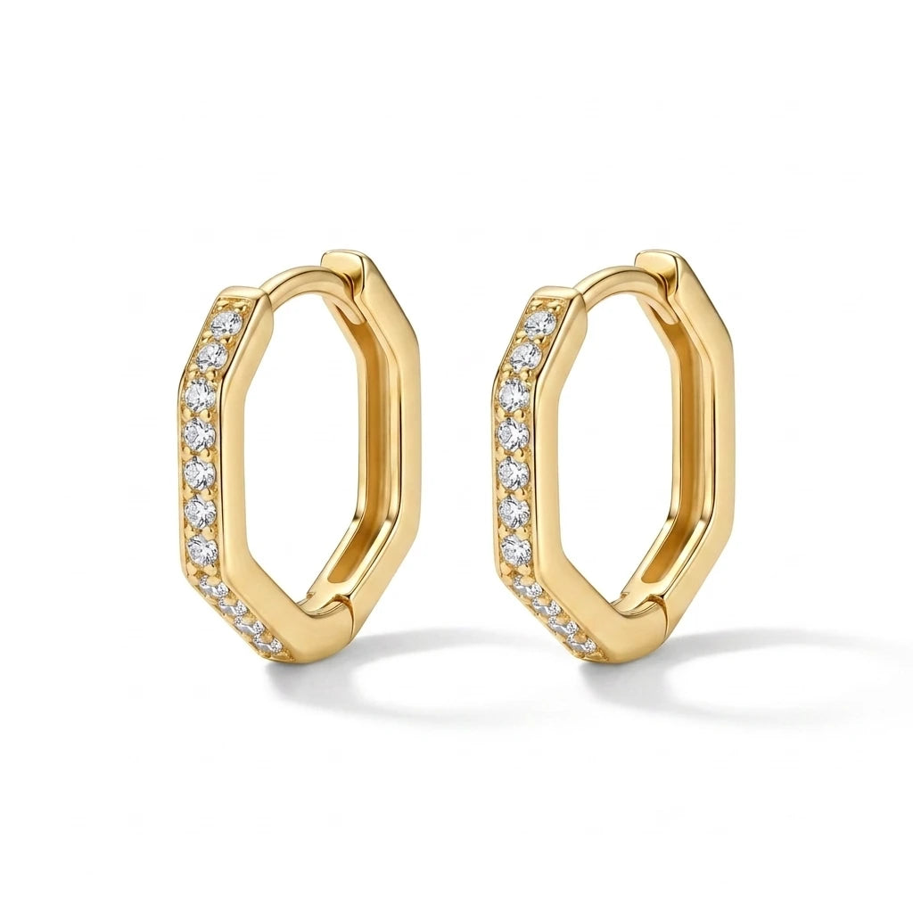 Hexagonal Click Hoops Earrings - 18K Gold Plated