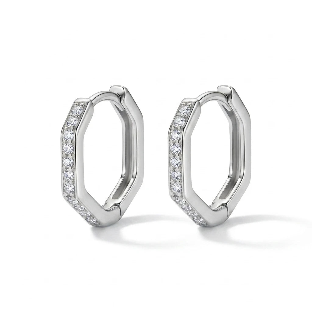 Hexagonal Click Hoops Earrings - White Rhodium Plated