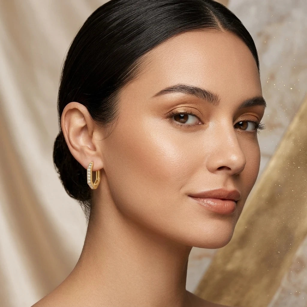 Hexagonal Click Hoops Earrings - 18K Gold Plated