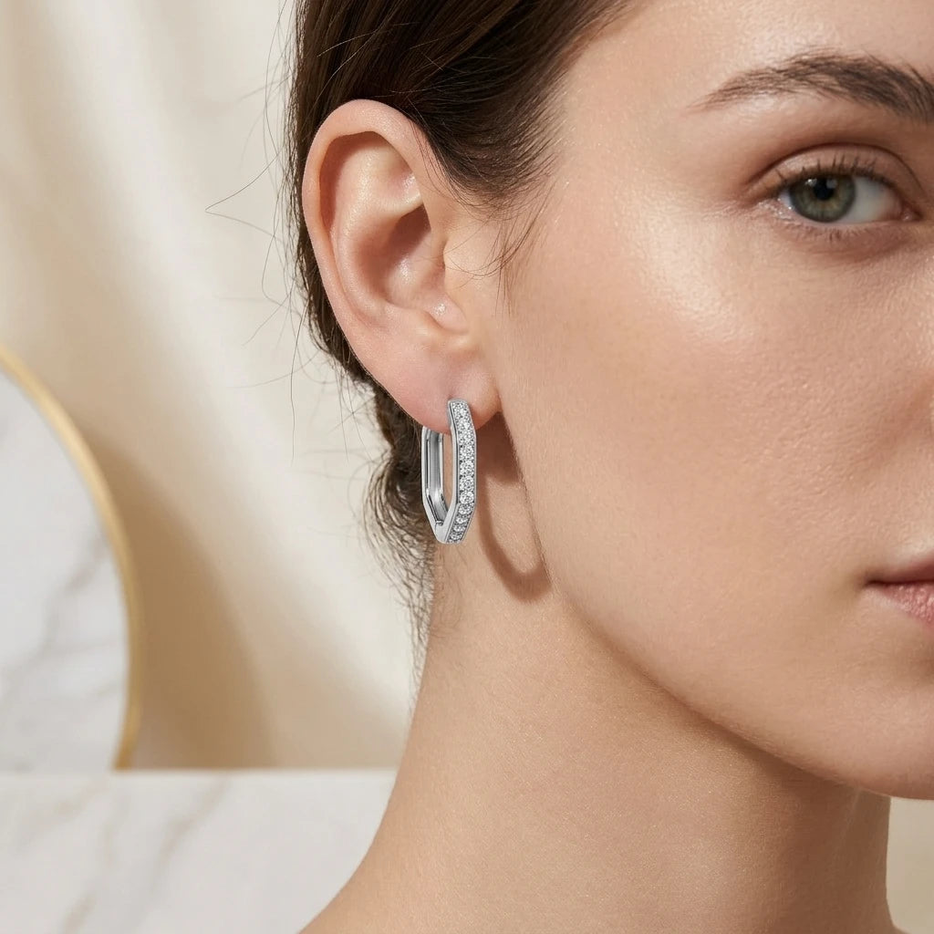 Hexagonal Click Hoops Earrings - White Rhodium Plated