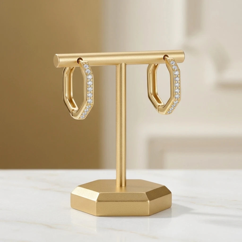 Hexagonal Click Hoops Earrings - 18K Gold Plated