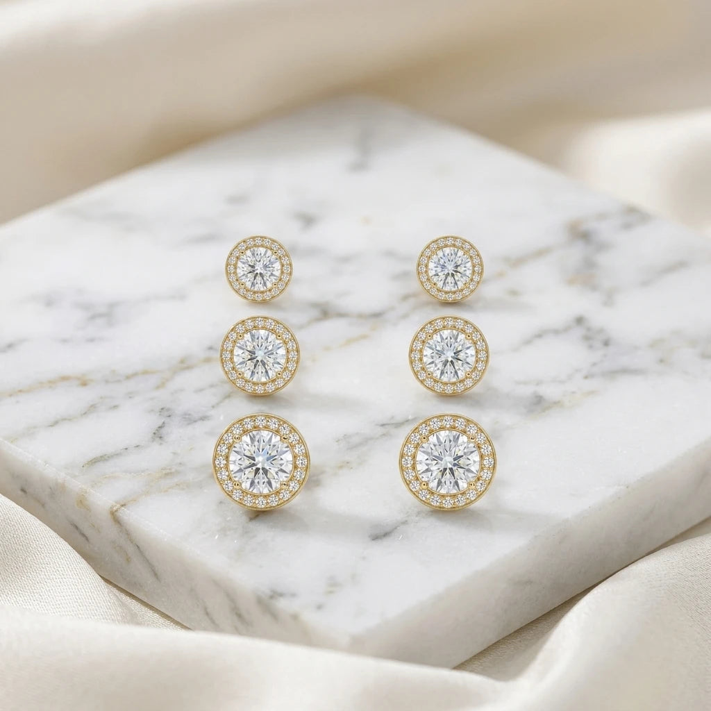 Trio of Studded Cubic Zirconia Studs Earrings - 18K Gold Plated