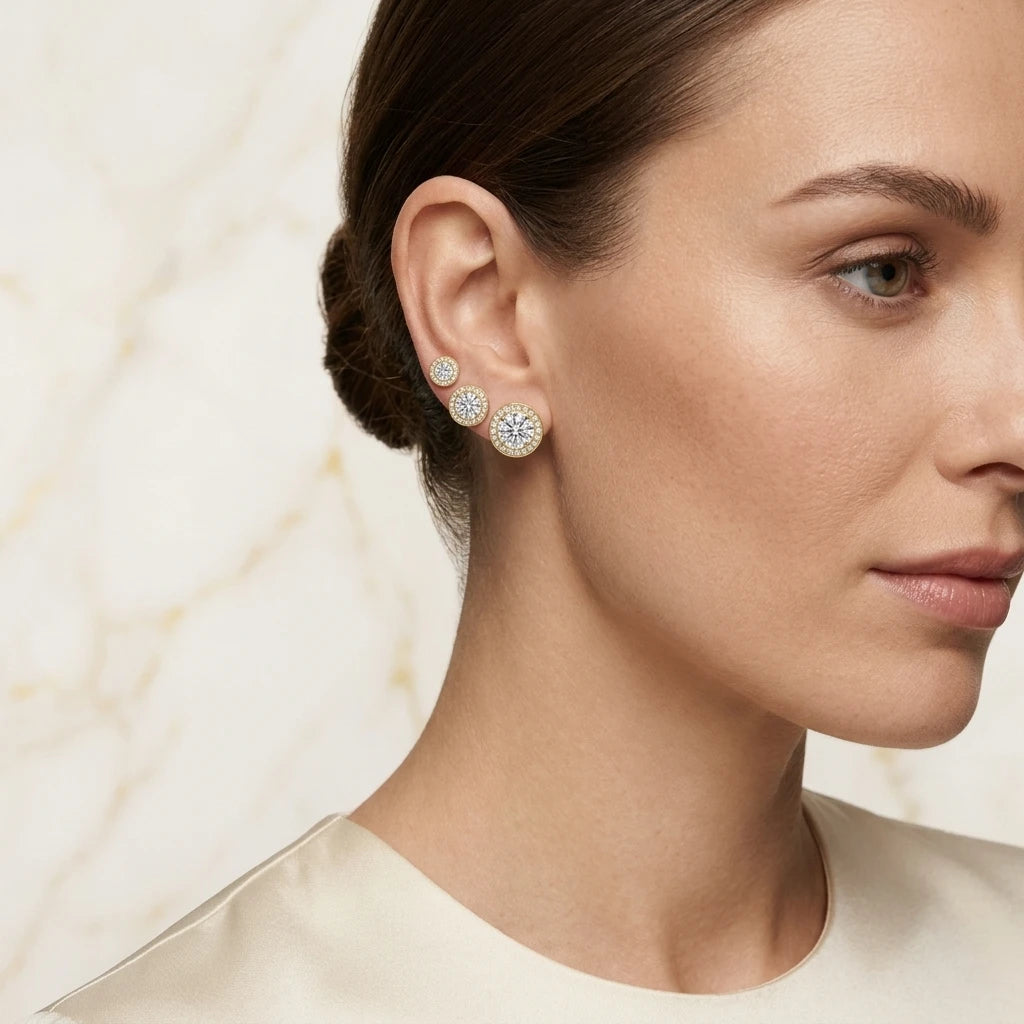 Trio of Studded Cubic Zirconia Studs Earrings - 18K Gold Plated