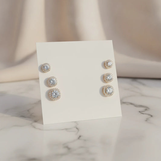 Trio of Studded Cubic Zirconia Studs Earrings - 18K Gold Plated