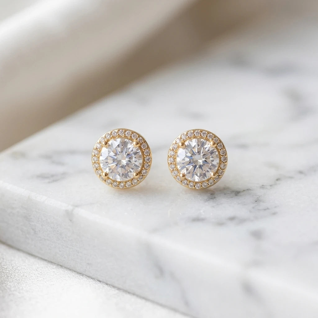 Round Studded Zirconia Stud Earrings - 18K Gold Plated