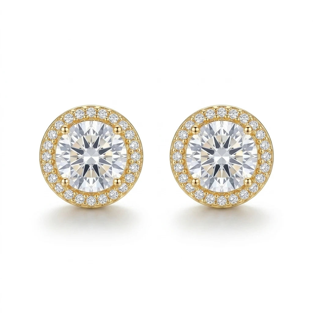 Round Studded Zirconia Stud Earrings - 18K Gold Plated