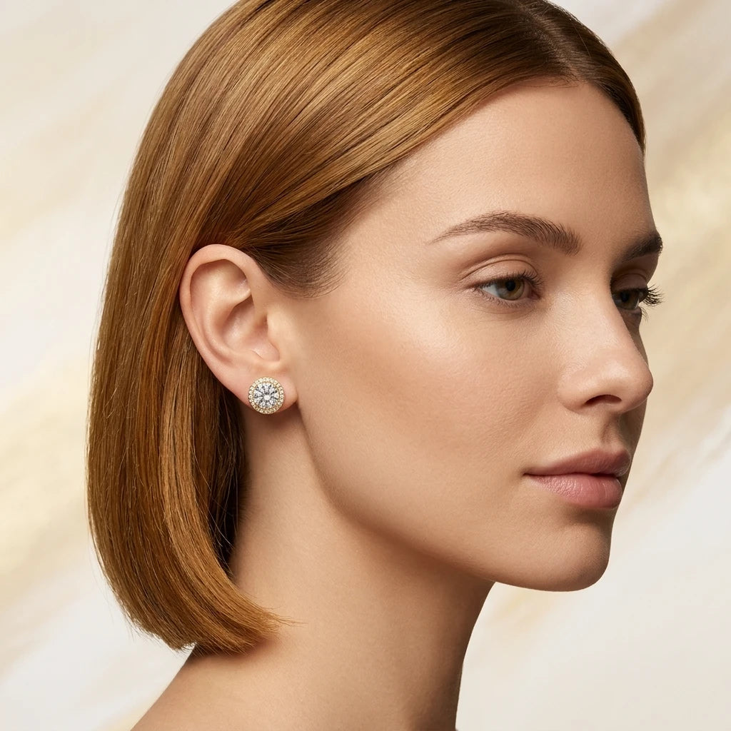 Round Studded Zirconia Stud Earrings - 18K Gold Plated