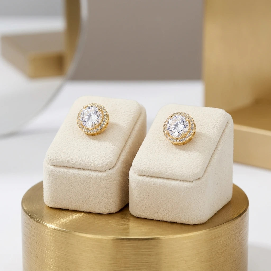 Round Studded Zirconia Stud Earrings - 18K Gold Plated
