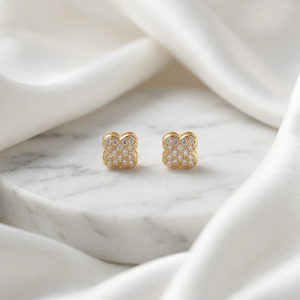 Clover Studded Zirconia Stud Earrings - 18K Gold Plated