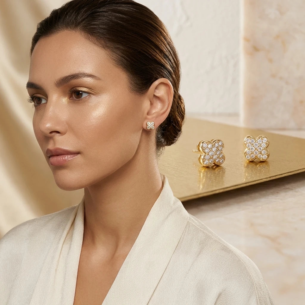 Clover Studded Zirconia Stud Earrings - 18K Gold Plated