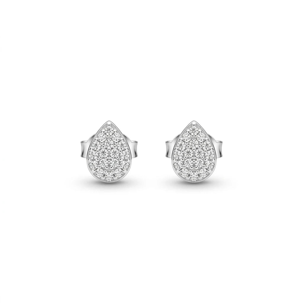 Delicate Teardrop Studded Zirconia Stud Earrings - White Rhodium Plated