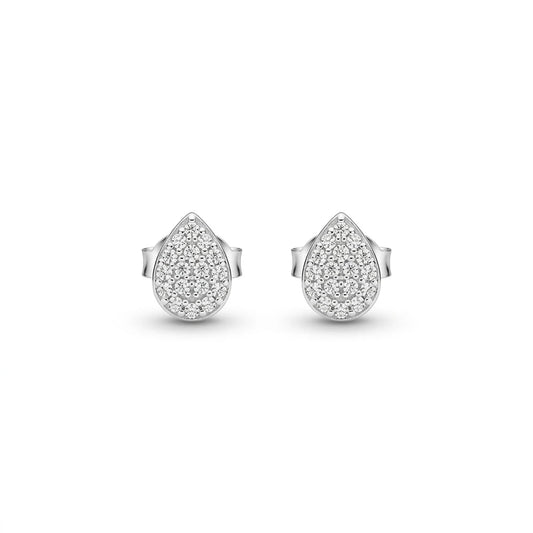 Delicate Teardrop Studded Zirconia Stud Earrings - White Rhodium Plated