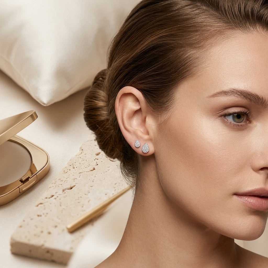 Delicate Teardrop Studded Zirconia Stud Earrings - White Rhodium Plated