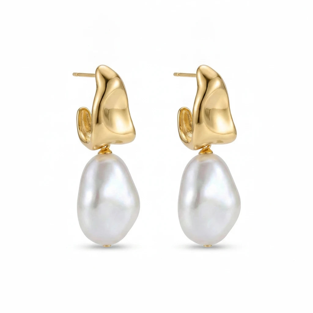 Organic Open Hoop with Pearl Earrings - 18K Gold Plated