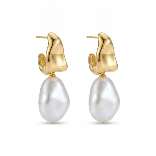 Organic Open Hoop with Pearl Earrings - 18K Gold Plated