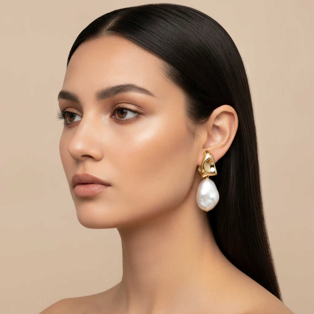 Organic Open Hoop with Pearl Earrings - 18K Gold Plated
