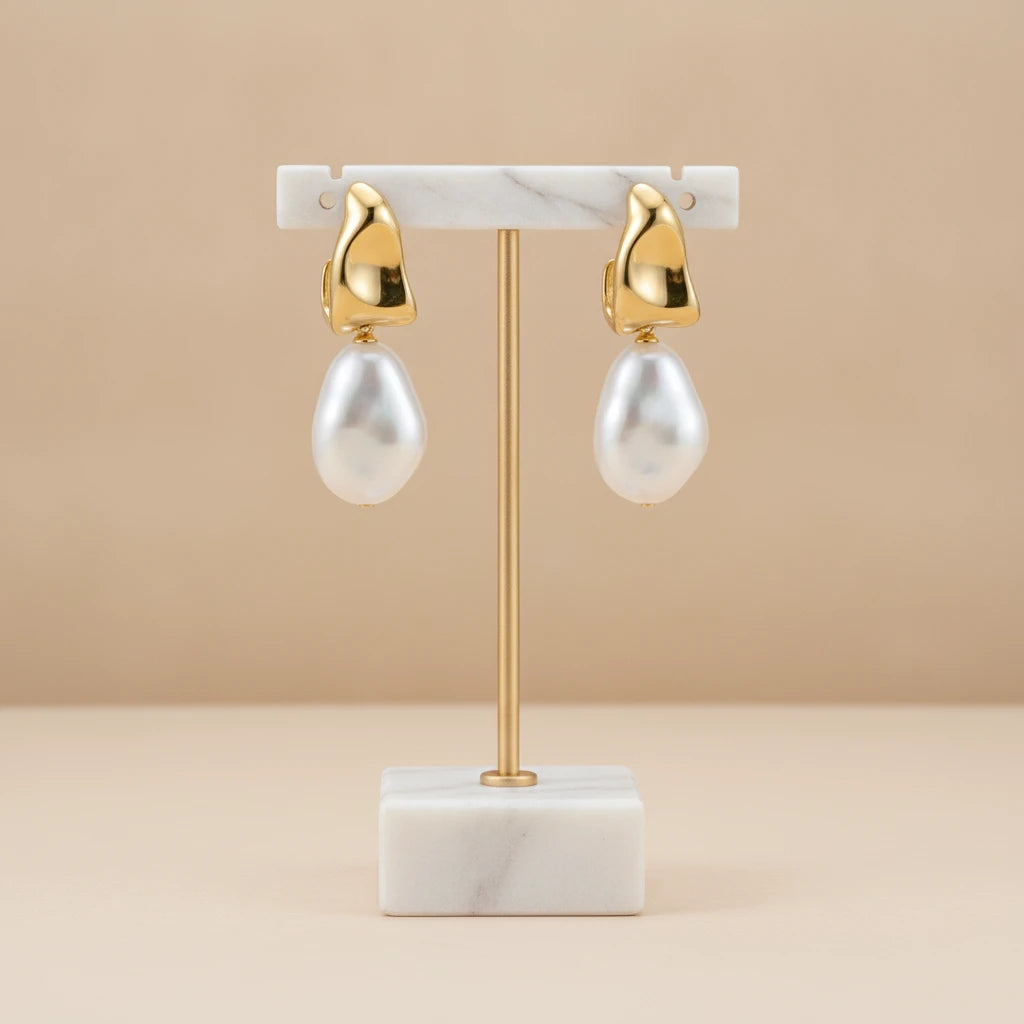 Organic Open Hoop with Pearl Earrings - 18K Gold Plated
