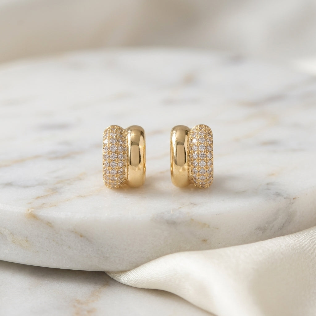 Parallel Studded Zirconia Stud Earrings - 18K Gold Plated