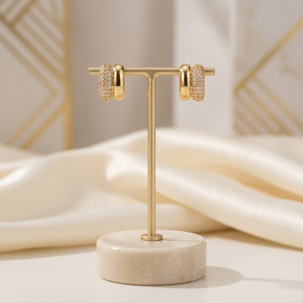 Parallel Studded Zirconia Stud Earrings - 18K Gold Plated