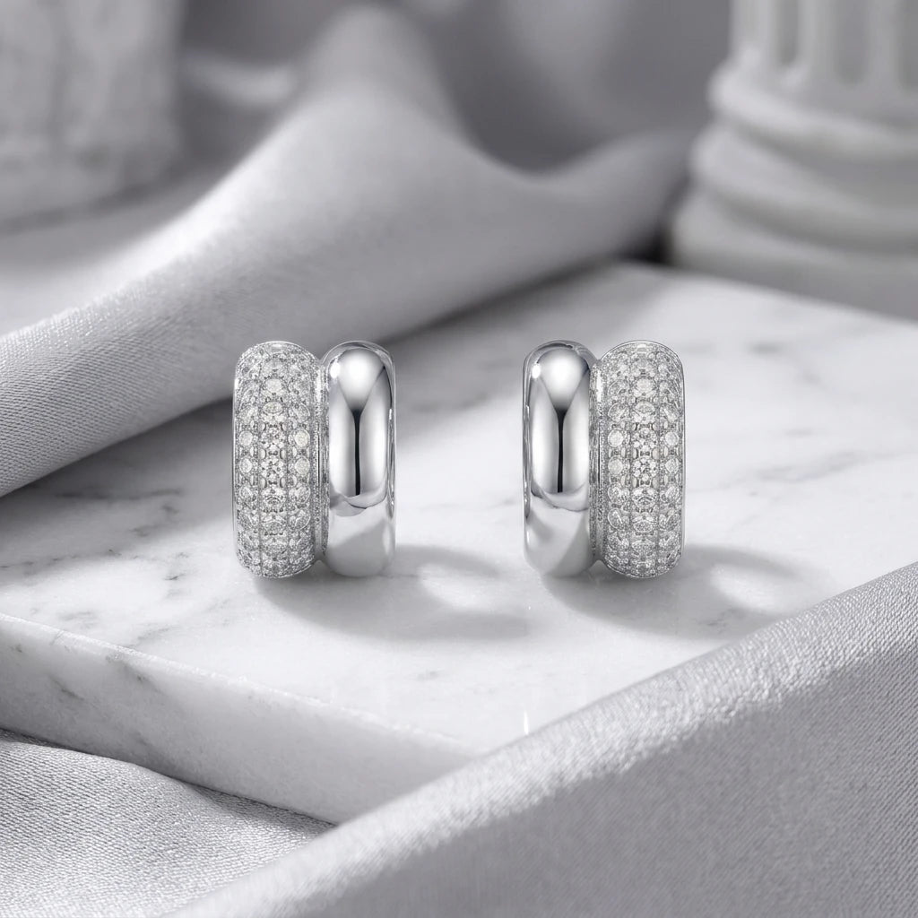 Parallel Studded Zirconia Stud Earrings - White Rhodium Plated
