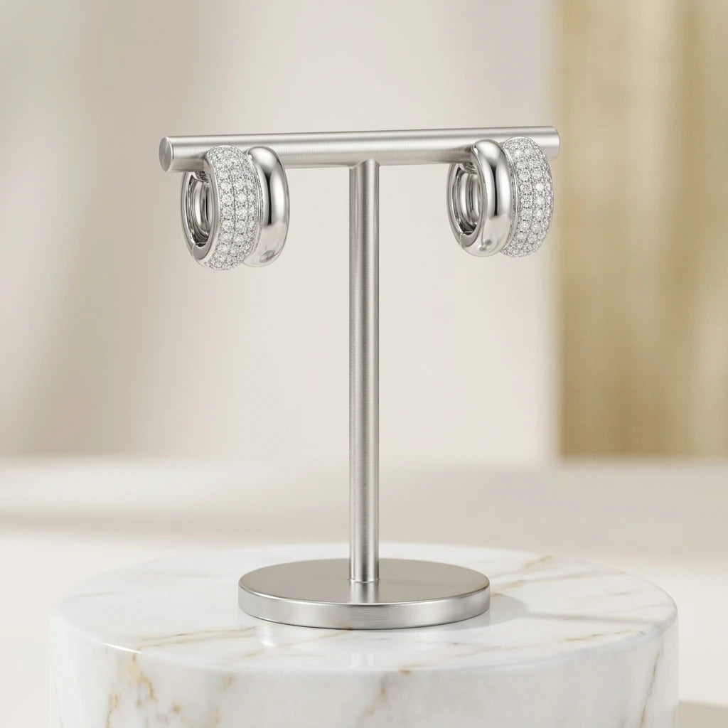 Parallel Studded Zirconia Stud Earrings - White Rhodium Plated
