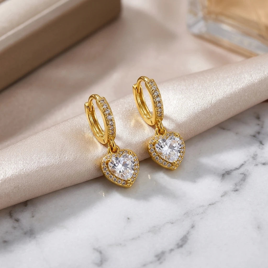 Hoops Dangling Studded Zirconia Heart Earrings - 18K Gold Plated