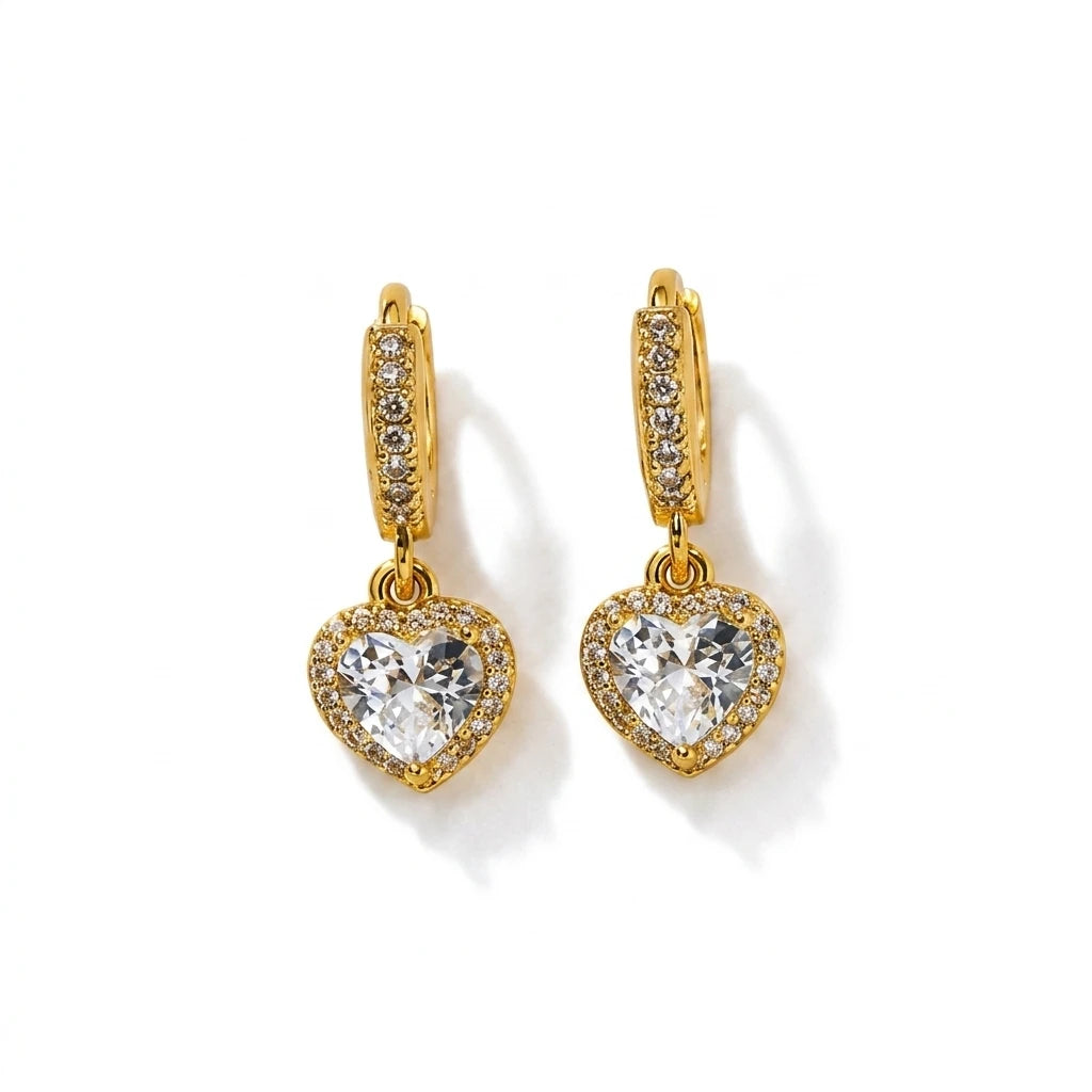 Hoops Dangling Studded Zirconia Heart Earrings - 18K Gold Plated