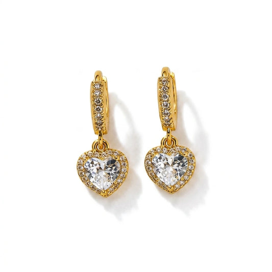 Hoops Dangling Studded Zirconia Heart Earrings - 18K Gold Plated