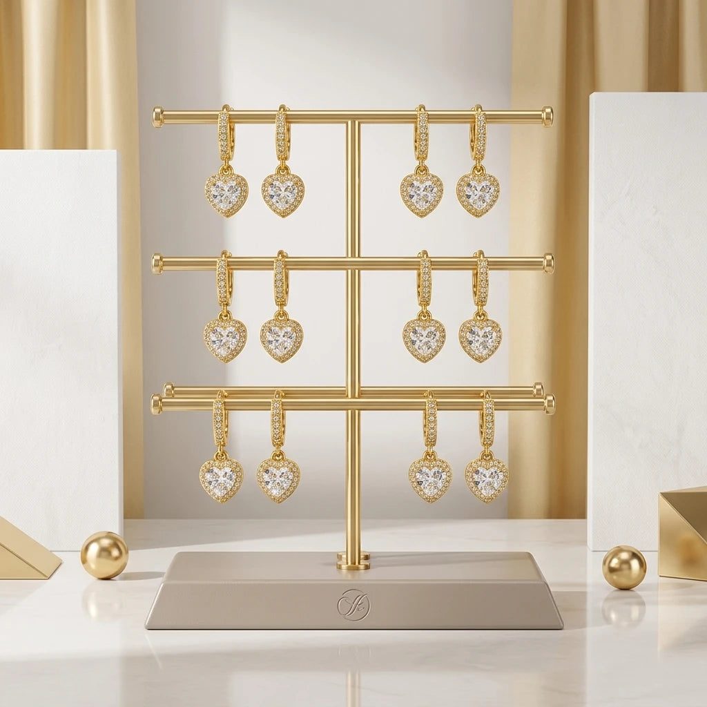 Hoops Dangling Studded Zirconia Heart Earrings - 18K Gold Plated
