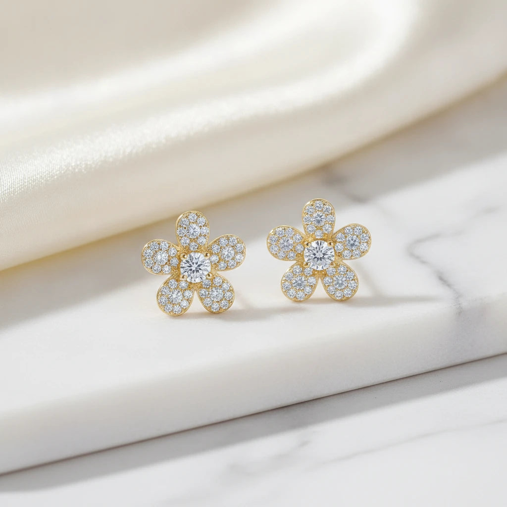 Pave Flower Stud Earrings - 18K Gold Plated