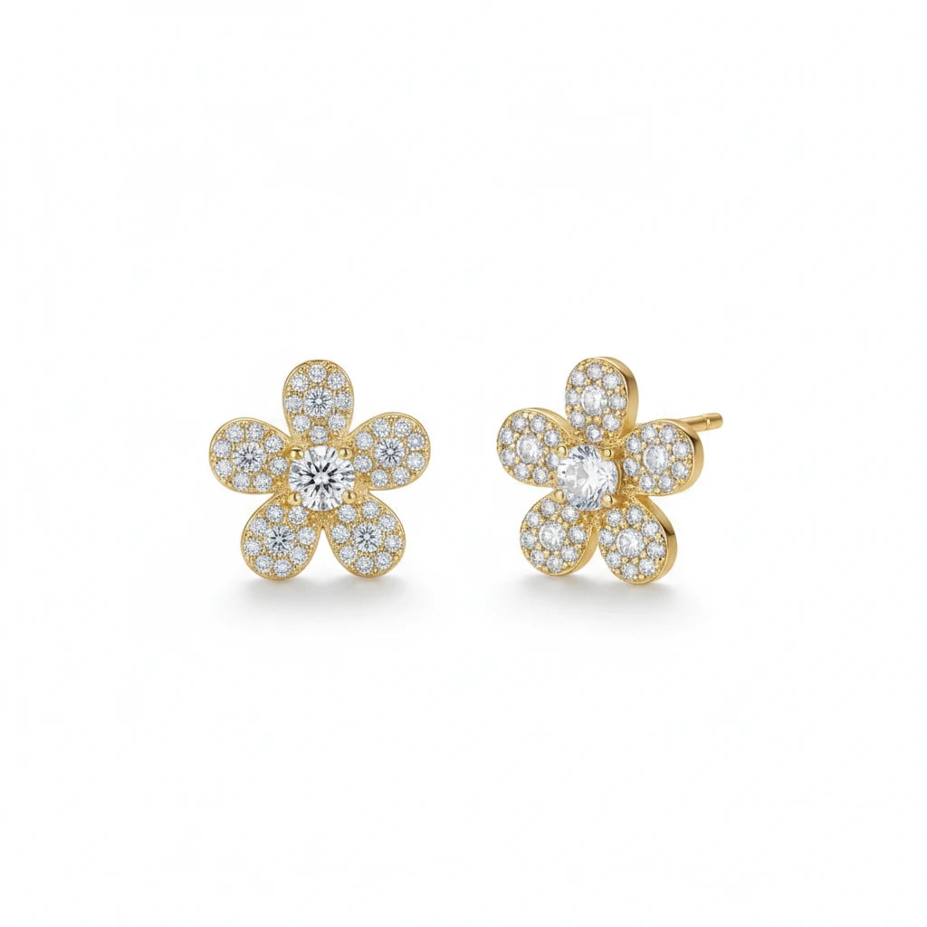 Pave Flower Stud Earrings - 18K Gold Plated