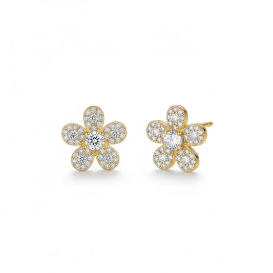 Pave Flower Stud Earrings - 18K Gold Plated