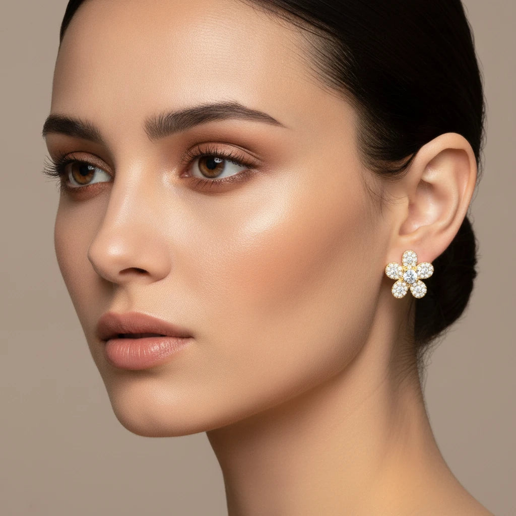 Pave Flower Stud Earrings - 18K Gold Plated