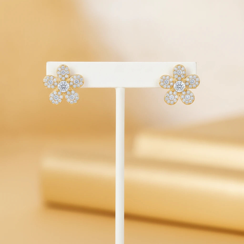 Pave Flower Stud Earrings - 18K Gold Plated