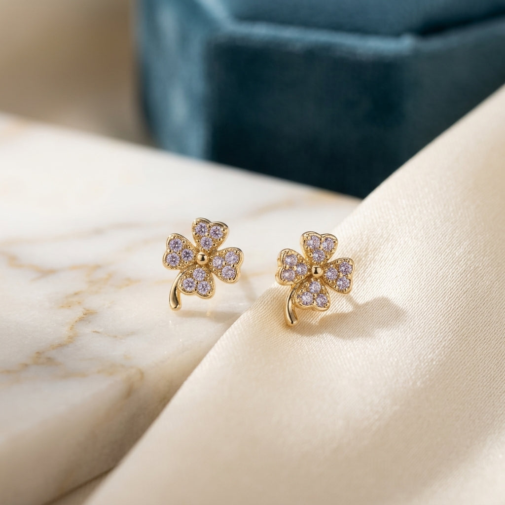 Mini Lucky Clover Studded Zirconia Earrings - 18K Gold Plated