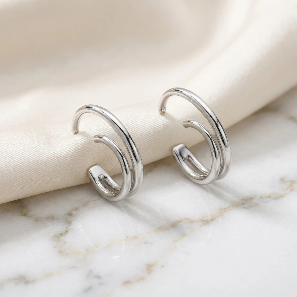 Double Thin Hoops C Shape Earrings - White Rhodium Plated