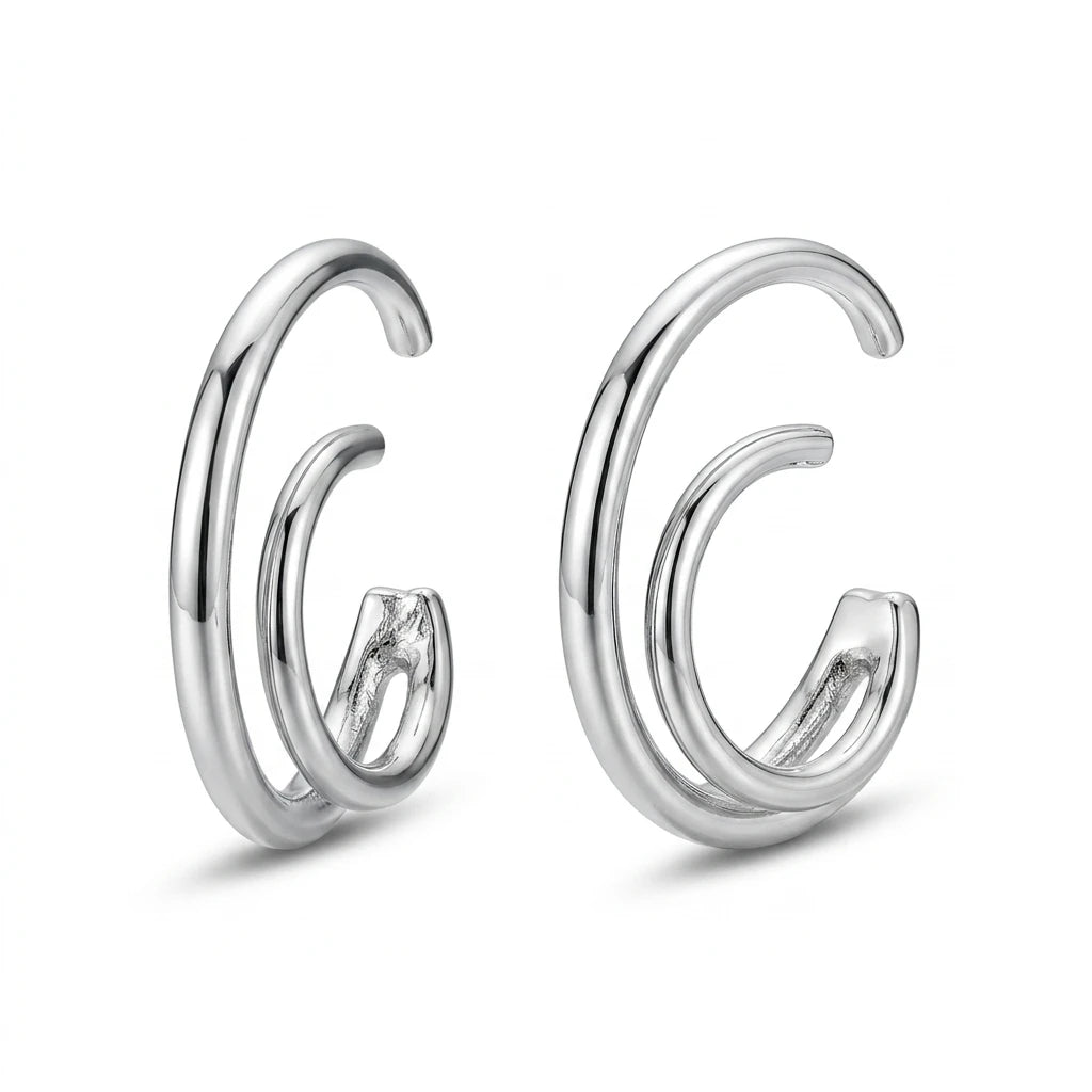 Double Thin Hoops C Shape Earrings - White Rhodium Plated