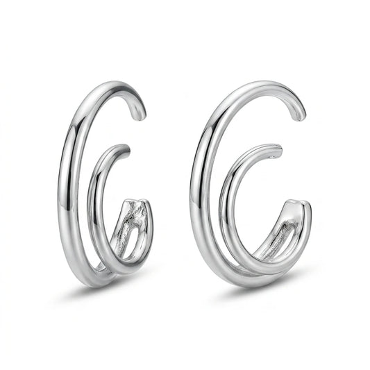 Double Thin Hoops C Shape Earrings - White Rhodium Plated