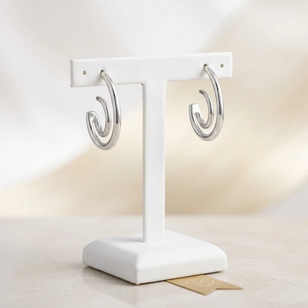 Double Thin Hoops C Shape Earrings - White Rhodium Plated