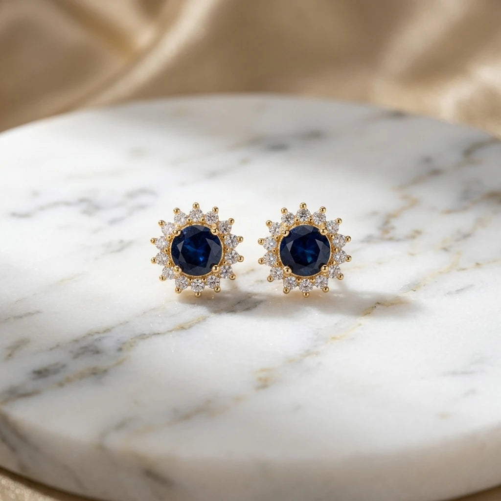 Round Blue Zirconia Earrings - 18K Gold Plated
