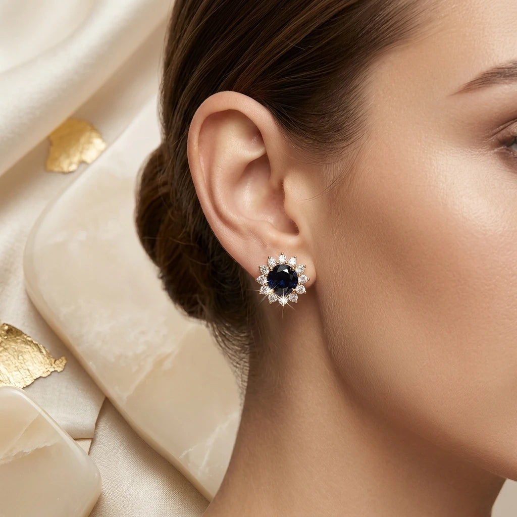 Round Blue Zirconia Earrings - 18K Gold Plated