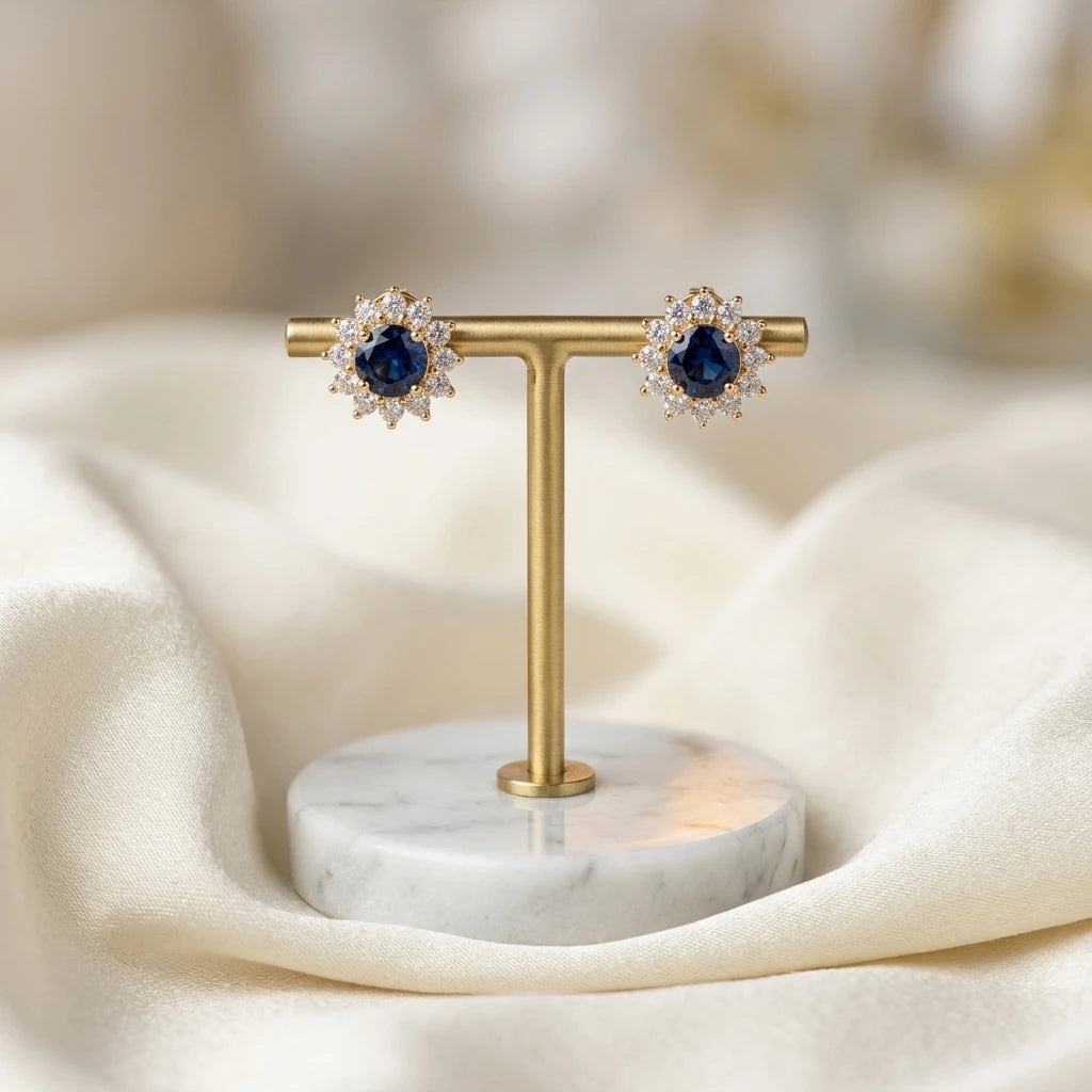 Round Blue Zirconia Earrings - 18K Gold Plated